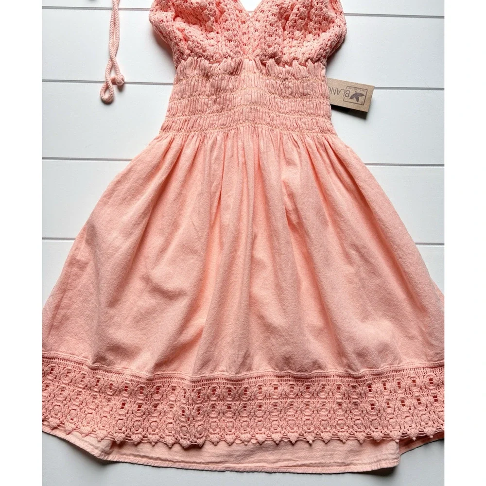 Blanco Coral Pink Crochet Lace Halter Mini Dress Size S Smocked Boho Cottagecore - Picture 4 of 12
